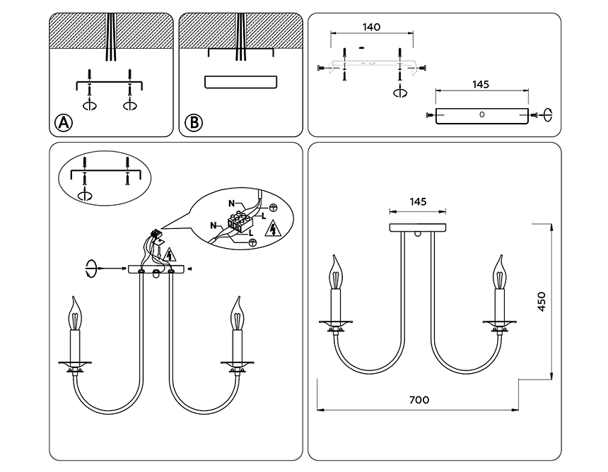 TR9622/8 BK/CGD черный/золото E14/8 max 40W D700*450